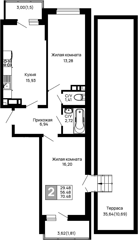 2-комн. квартира, 56.48 м² в ЖК Долина — фото 2