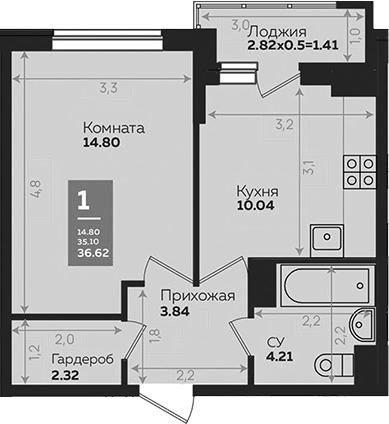 1-комн. квартира, 35.21 м² в ЖК Левада — фото 2