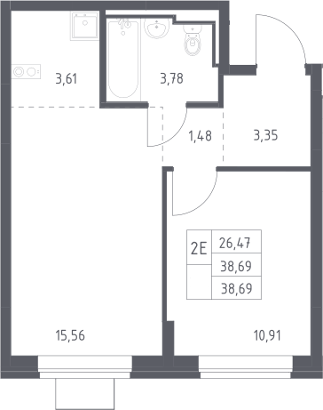 2-комн., 38.69 м², 3/12 этаж, ЖК «Богдановский лес»