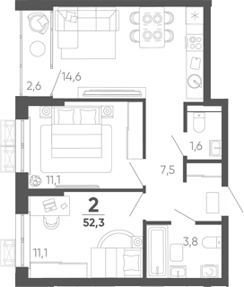 2-комн. квартира, 49.7 м² в ЖК Барса — фото 2
