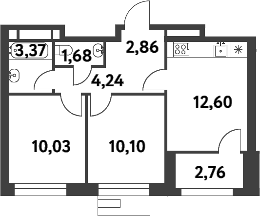 2-комн., 44.88 м², 16/16 этаж, ЖК «Смарт Гарден»