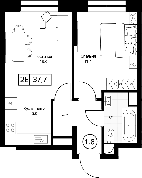 2-комн., 37.7 м², 9/17 этаж, ЖК «Пушкино Град»