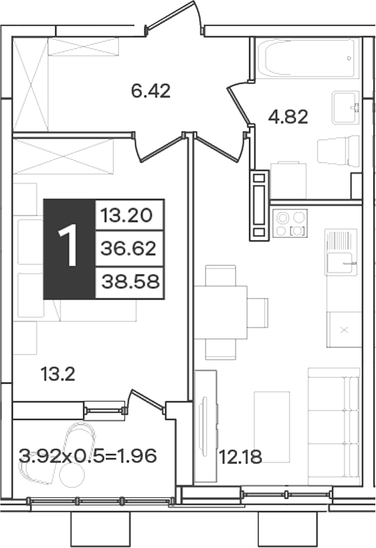 1-комн., 36.62 м², 6/9 этаж, ЖК «Сюжеты»