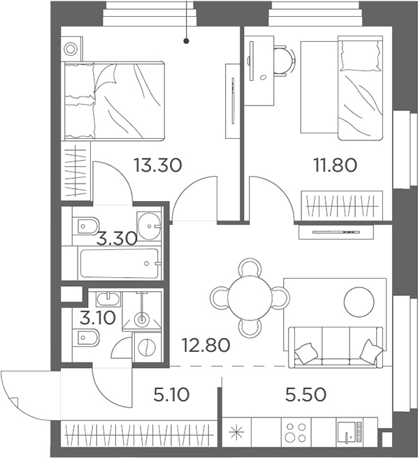 3-комн., 54.9 м², 19/20 этаж, ЖК «Белый Град»