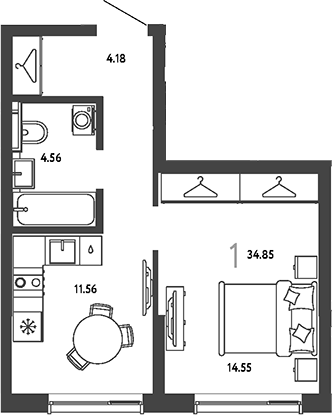 1-комн., 34.85 м², 12/19 этаж, ЖК «Страна.Парковая»