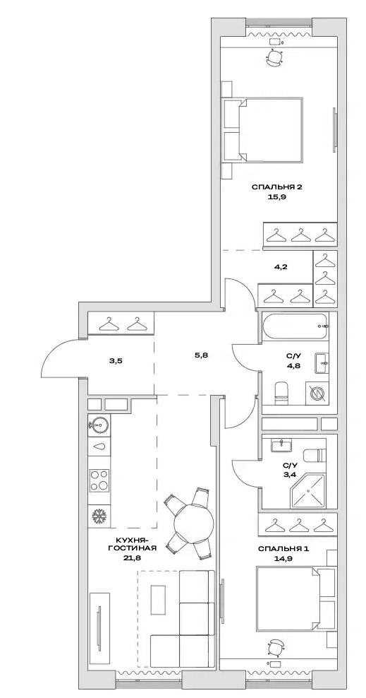 3-комн., 74.3 м², 8/16 этаж, ЖК «Детали»