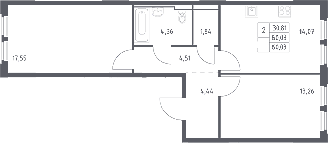 2-комн., 60 м², 3/16 этаж, ЖК «Космический Квартал»