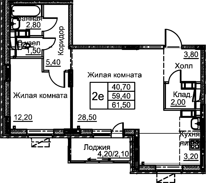 2-комн., 59.4 м², 1/12 этаж, ЖК «Кашинцево»