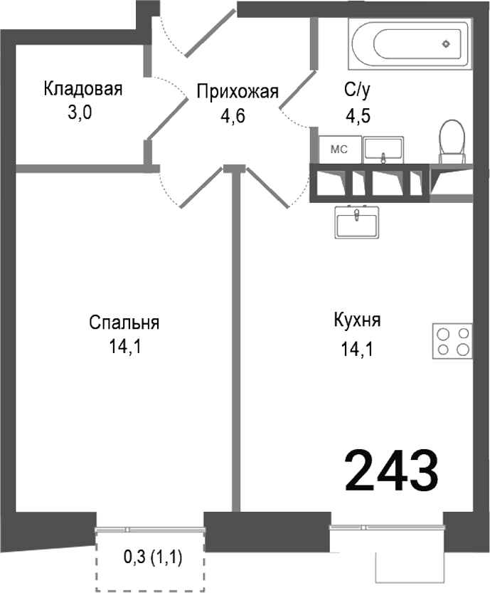 1-комн., 40.3 м², 5/6 этаж, ЖК «Киноквартал»