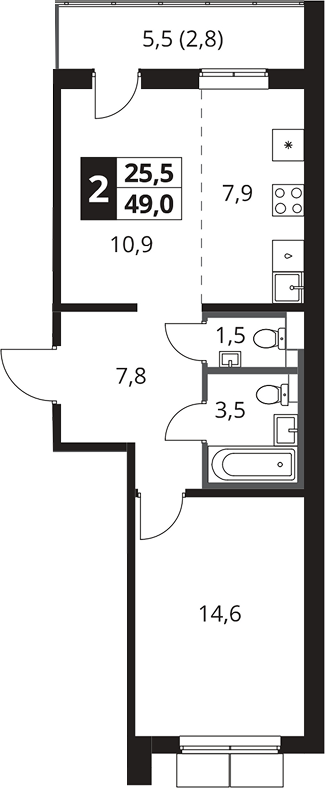 2-комн., 46.2 м², 17/25 этаж, ЖК «1-й Южный»