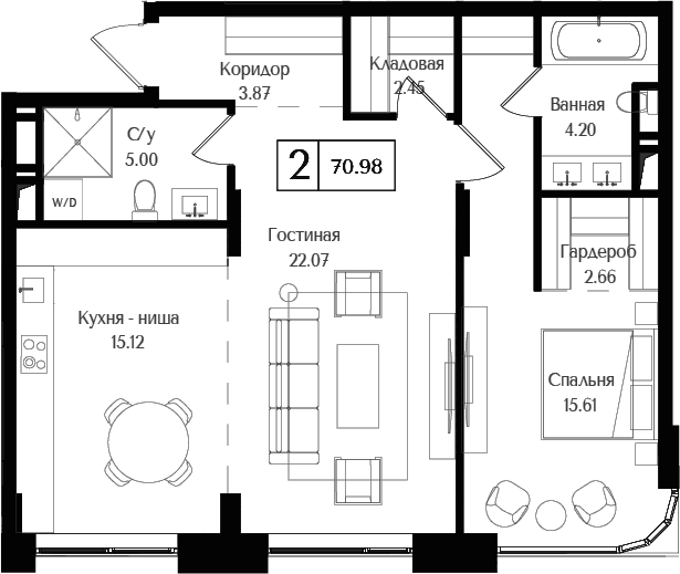 2-комн., 70.98 м², 17/17 этаж, ЖК «Преображенская площадь»