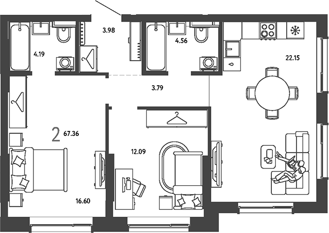 2-комн., 67.36 м², 4/24 этаж, ЖК «Страна.Парковая»