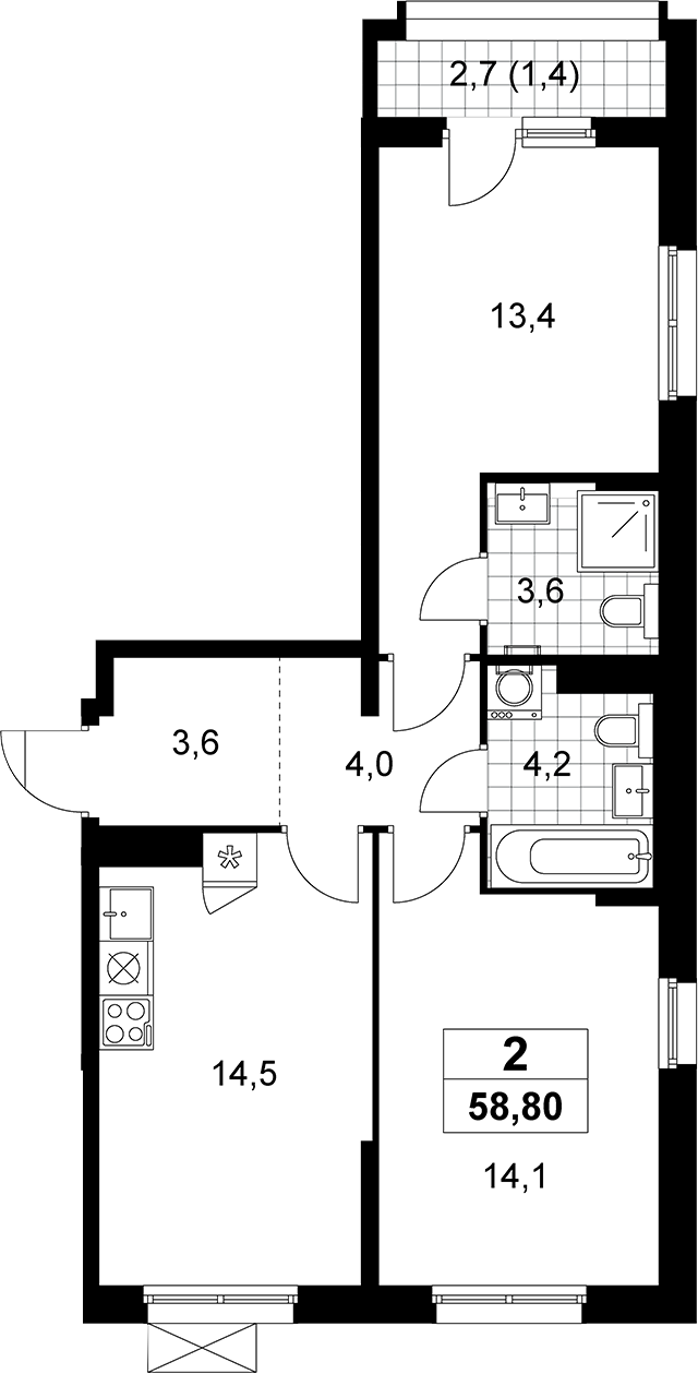 2-комн., 57.4 м², 12/16 этаж, ЖК «Прокшино»