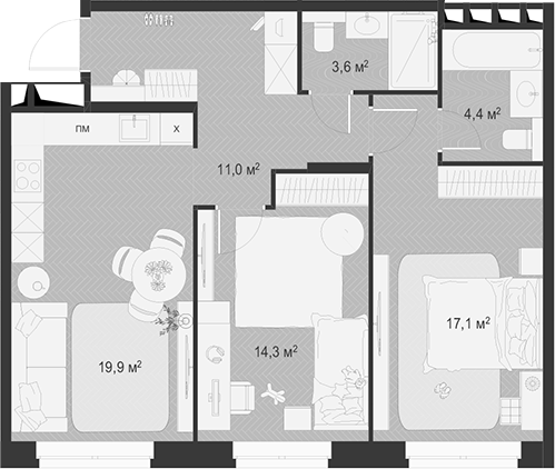 3-комн., 70.3 м², 3/18 этаж, ЖК «Гранд Комфорт»