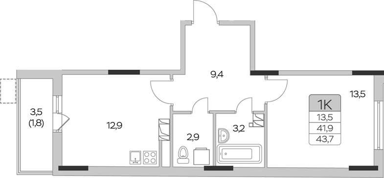 1-комн., 41.9 м², 4/9 этаж, ЖК «Пироговская ривьера. Мытищи»