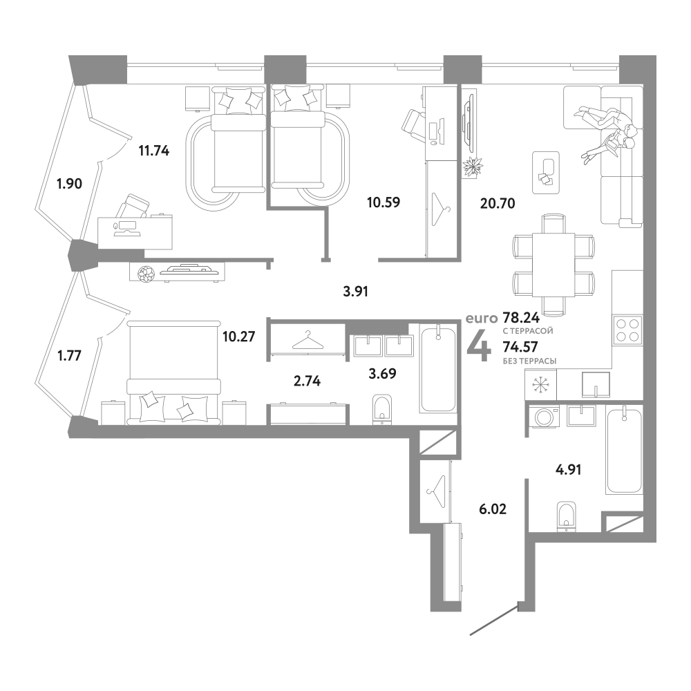 4+ комнаты, 74.57 м², 20/26 этаж, ЖК «Репаблик»
