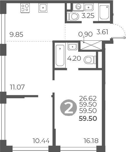 3-комн., 59.5 м², 2/27 этаж, ЖК «Мневники от Гранель»
