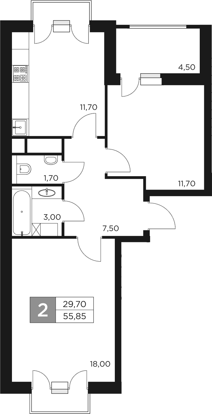 2-комн., 53.6 м², 17/17 этаж, ЖК «Восток 2»