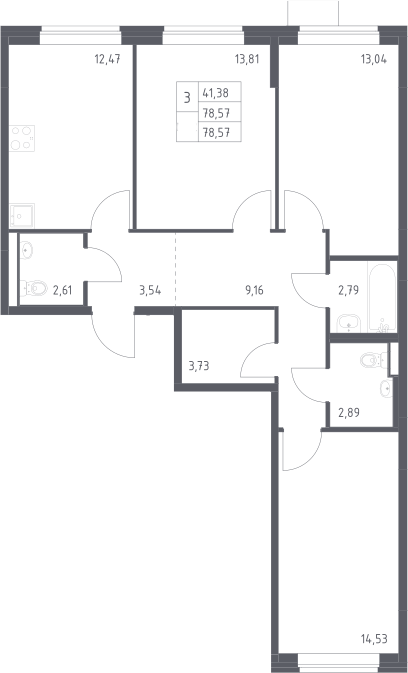 3-комн., 78.57 м², 5/9 этаж, ЖК «Подольские кварталы»