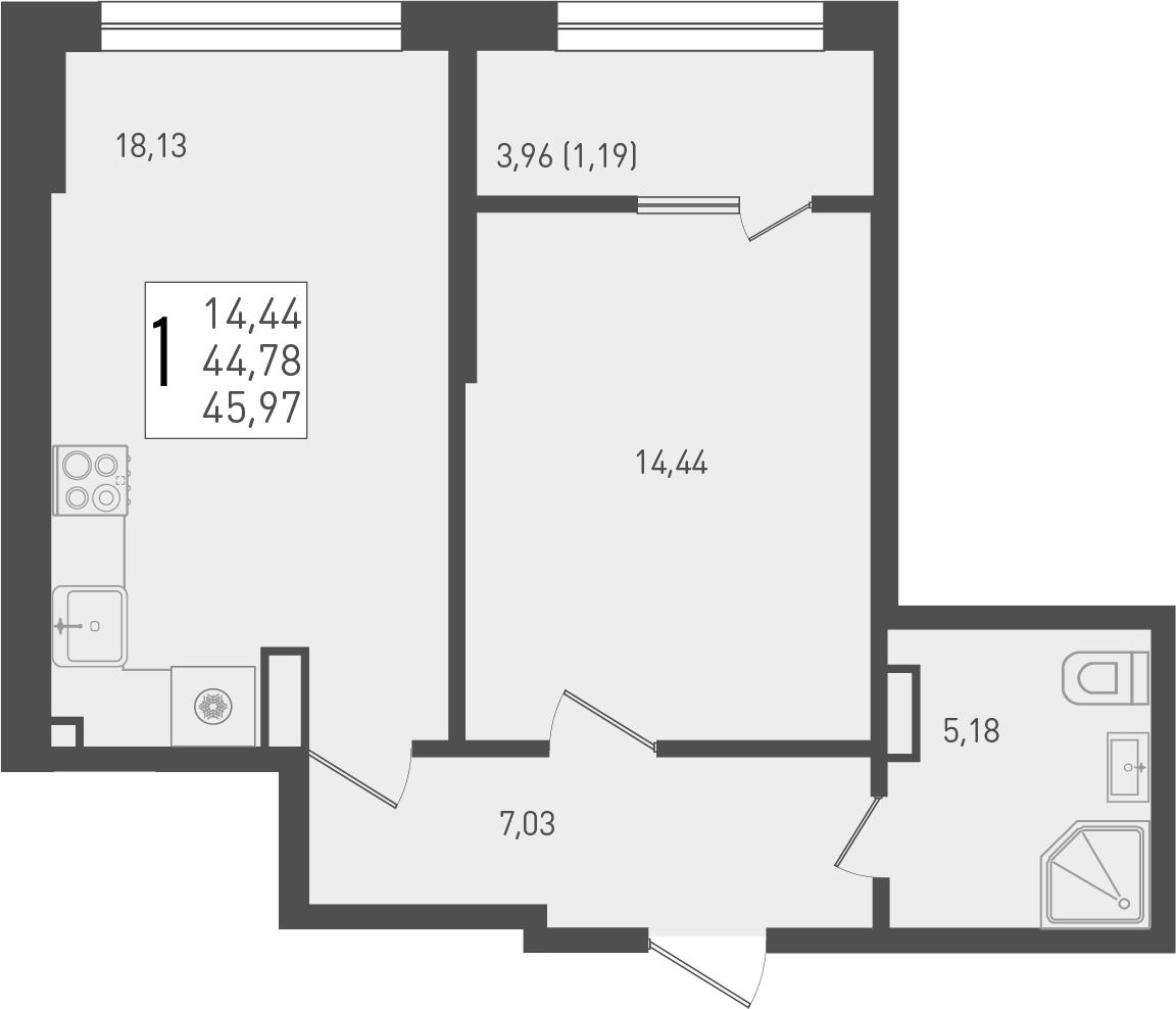 1-комн. квартира, 44.78 м² в ЖК Югге — фото 2