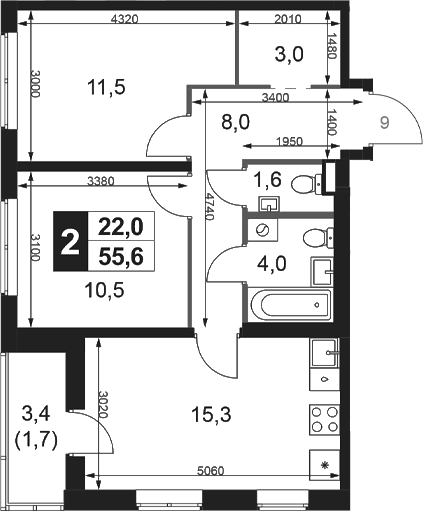 2-комн., 53.9 м², 2/18 этаж, ЖК «1-й Ясеневский»