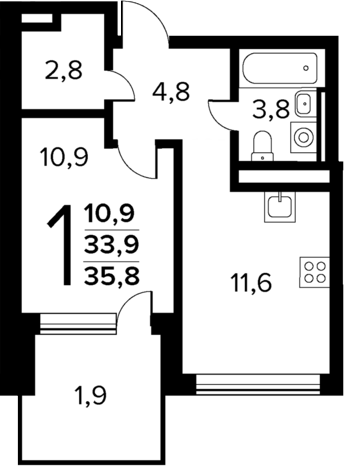 1-комн., 33.9 м², 1/12 этаж, ЖК «Новые Ватутинки Квартал у реки»