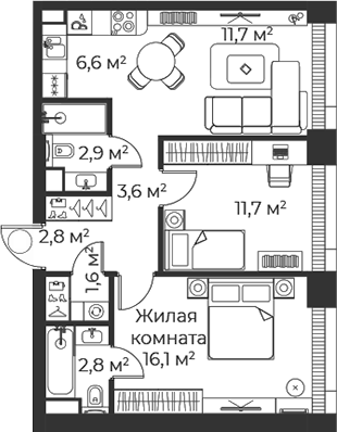 3-комн., 59.8 м², 2/38 этаж, ЖК «Веер»