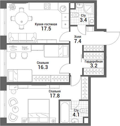 3-комн., 69.7 м², 22/35 этаж, ЖК «Нагатино Ай-Лэнд»