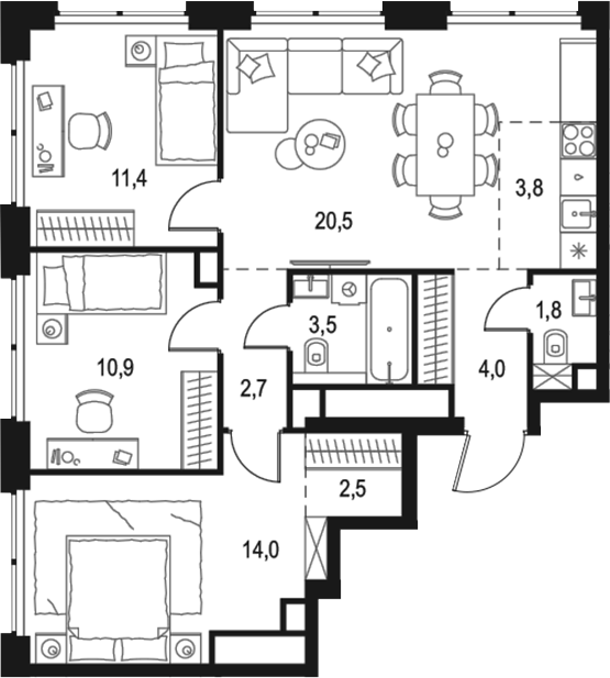 4+ комнаты, 75.1 м², 50/64 этаж, ЖК «Левел Звенигородская»