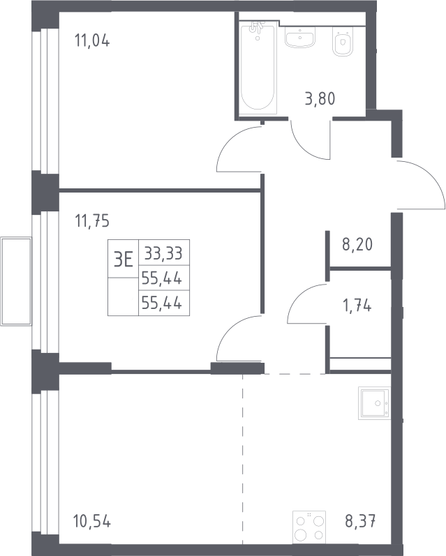3-комн., 55.44 м², 2/24 этаж, ЖК «Квартал Строгино»