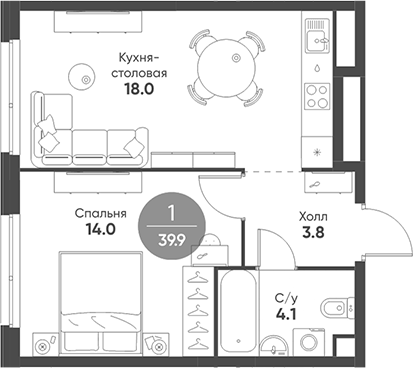 2-комн., 39.9 м², 2/5 этаж, ЖК «Шагал»
