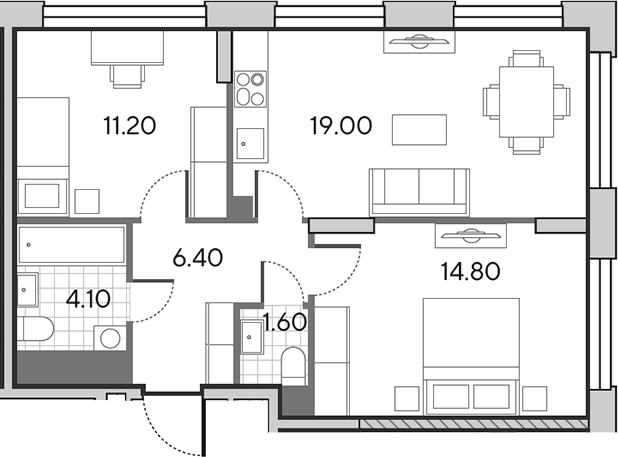 3-комн., 57.1 м², 20/30 этаж, ЖК «Вейв»