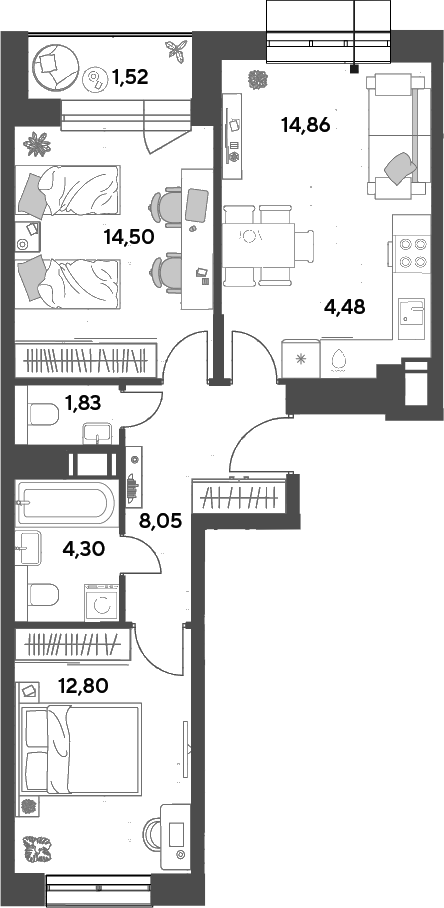 3-комн., 60.82 м², 12/15 этаж, ЖК «Публицист»