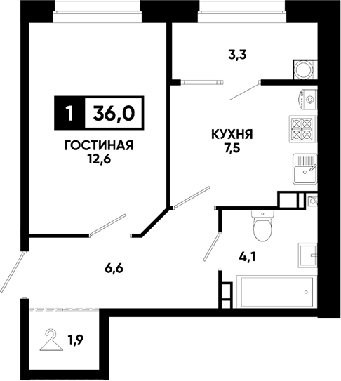 1-комн., 33 м², 2/8 этаж, ЖК «Кварталы 17/77»