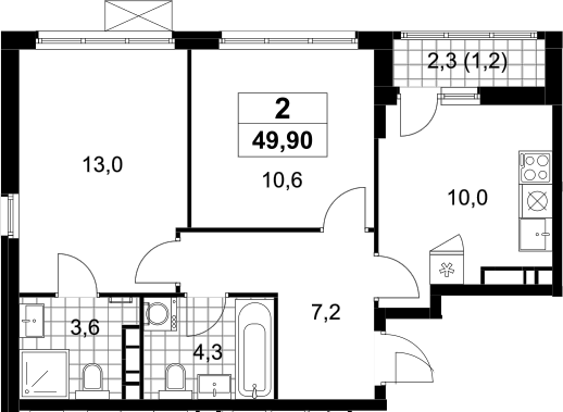 2-комн., 48.7 м², 9/12 этаж, ЖК «Скандинавия»