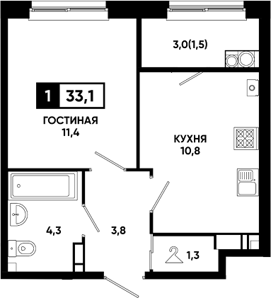 1-комн., 31.6 м², 13/14 этаж, ЖК «Резиденция Софи»