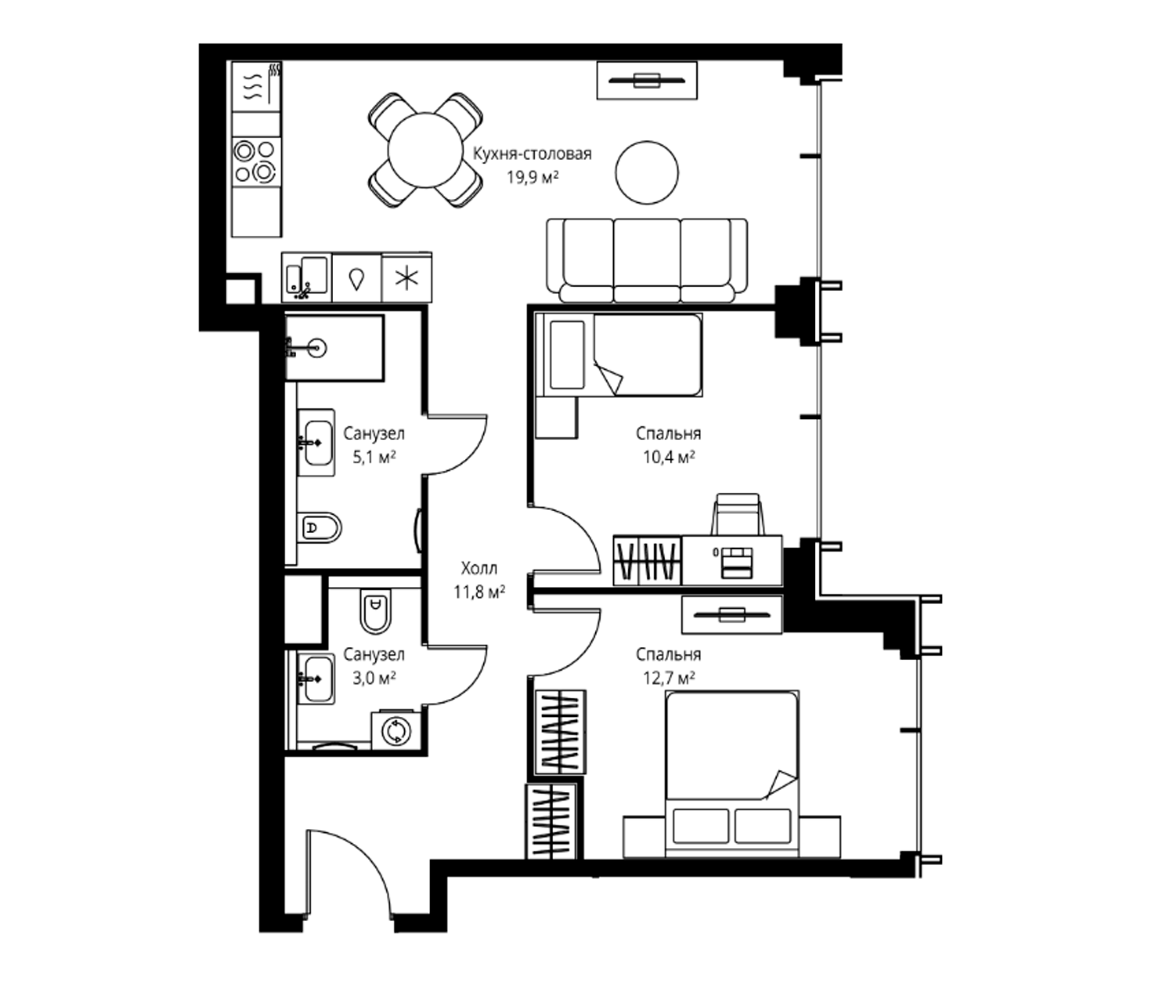 3-комн., 62.9 м², 42/59 этаж, ЖК «Веер»