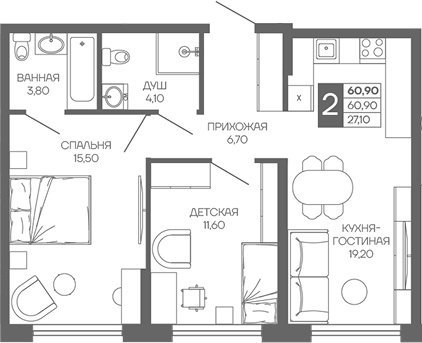 2-комн. квартира, 60.9 м² в ЖК Иначе в Молодежном — фото 2