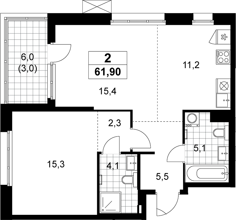 2-комн., 58.9 м², 7/12 этаж, ЖК «Дзен-кварталы»