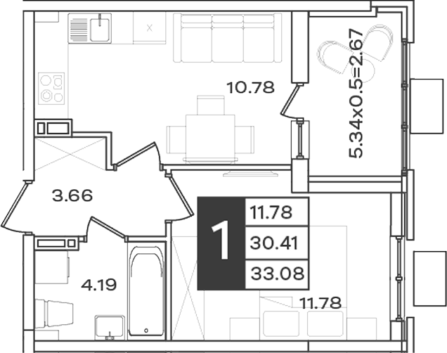 1-комн., 30.41 м², 8/18 этаж, ЖК «Сюжеты»