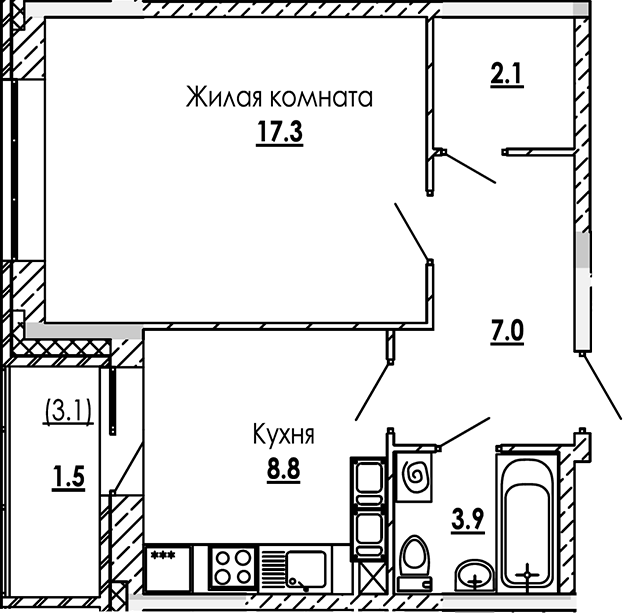 1-комн., 39.1 м², 4/12 этаж, ЖК «Малиново»