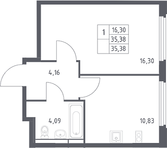 1-комн., 35.38 м², 16/16 этаж, ЖК «Космический Квартал»