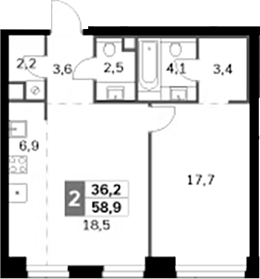 2-комн., 58.9 м², 14/47 этаж, ЖК «Амбер Сити»