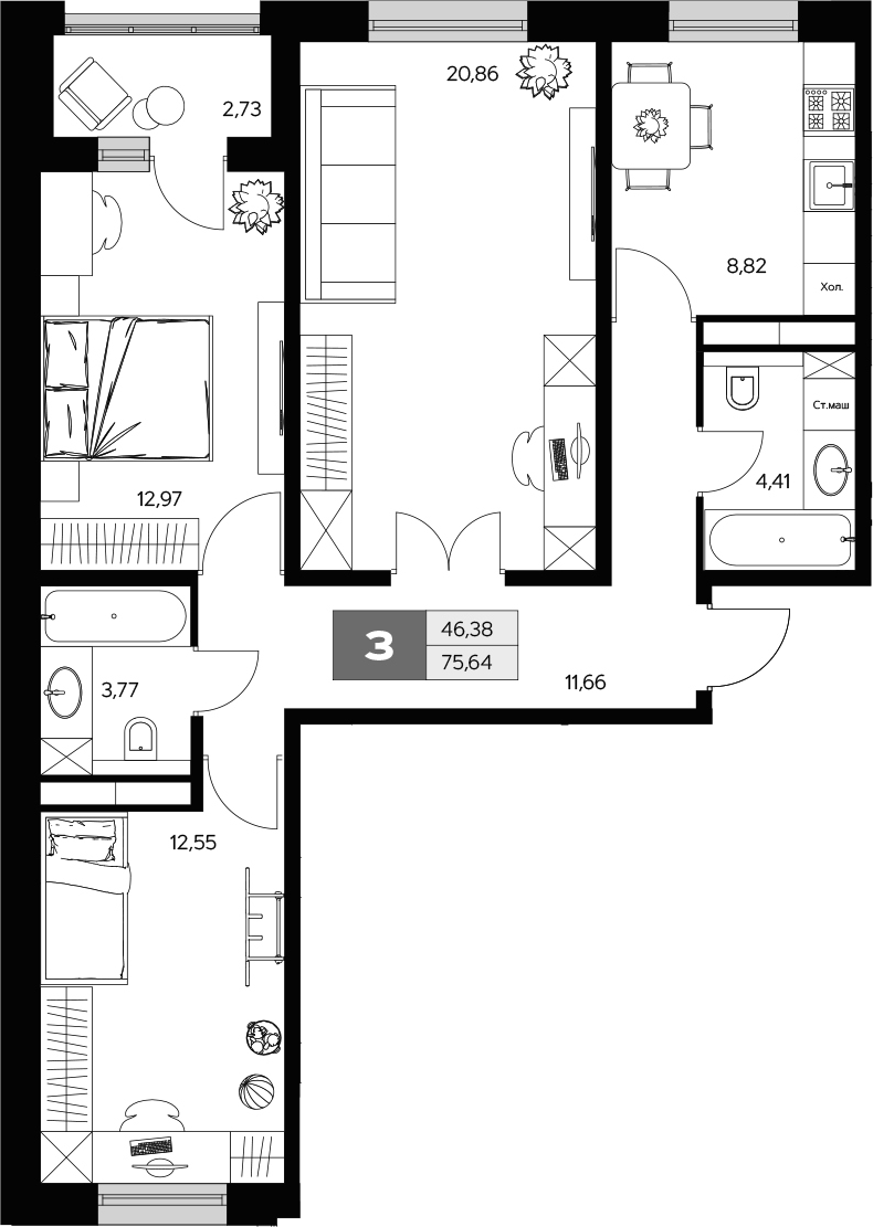 3-комн., 73.95 м², 2/9 этаж, ЖК «Ласточкино»