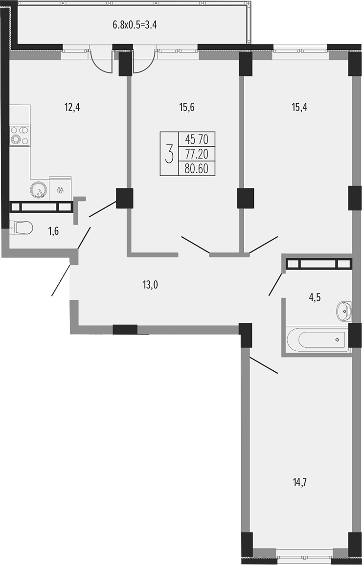 3-комн. квартира, 79 м² в ЖК Екатерининский парк — фото 3