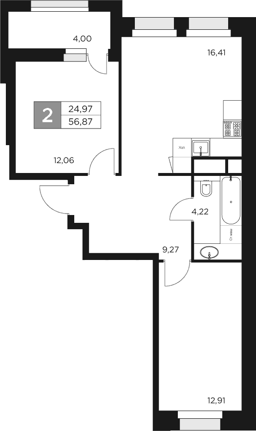 3-комн., 54.87 м², 3/17 этаж, ЖК «Восток 2»