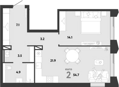 2-комн., 54.7 м², 6/38 этаж, ЖК «Страна.Заречная»
