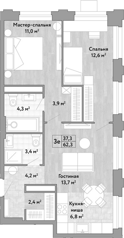 3-комн., 62.3 м², 18/29 этаж, ЖК «Новые Смыслы»