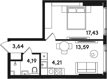 2-комн., 43.06 м², 33/41 этаж, ЖК «СОЛОС»