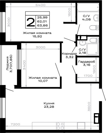 2-комн., 62.01 м², 4/14 этаж, ЖК «Горные высоты»